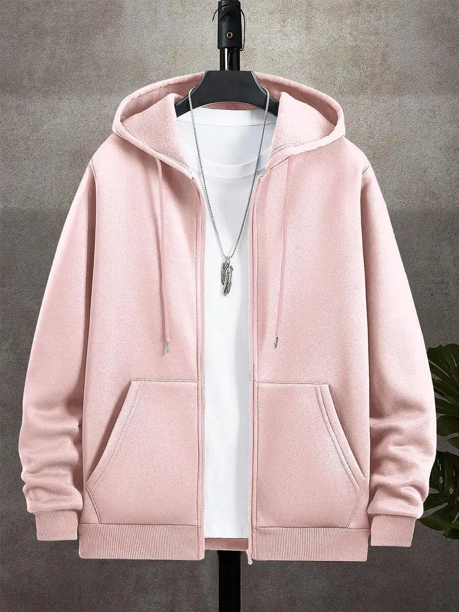 Men's Casual Zip-Up Hoodie with Drawstring, Long Sleeve, Autumn Outdoor Wear