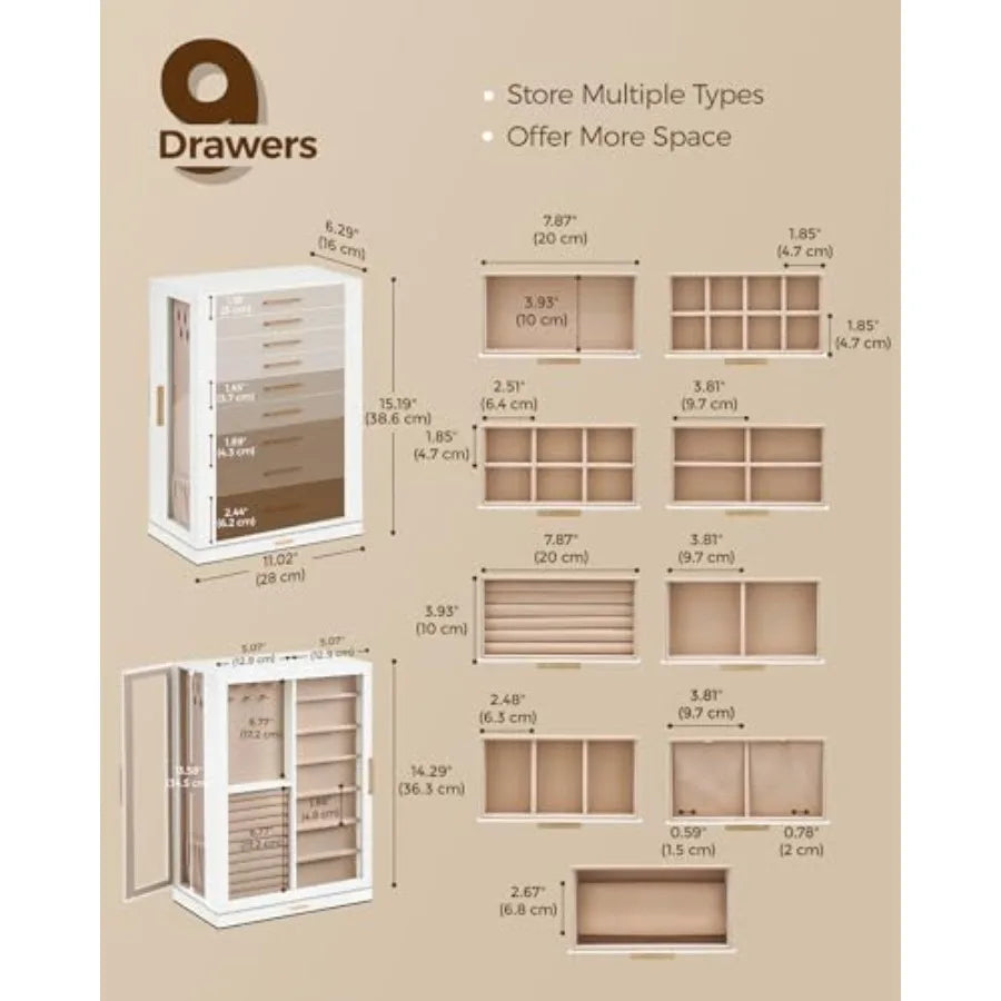 360° Rotating Jewelry Box with 9 Drawers Spacious Vertical Jewelry Organizer with Glass Window Jewelry Storage Case Dustproof a