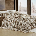 Queen Size Striped Stitching Tie-Dye Khaki Faux Rabbit Fur Comforter Set 3 Pieces Warm Soft Plush Fuzzy Winter Bedding Set 90x9