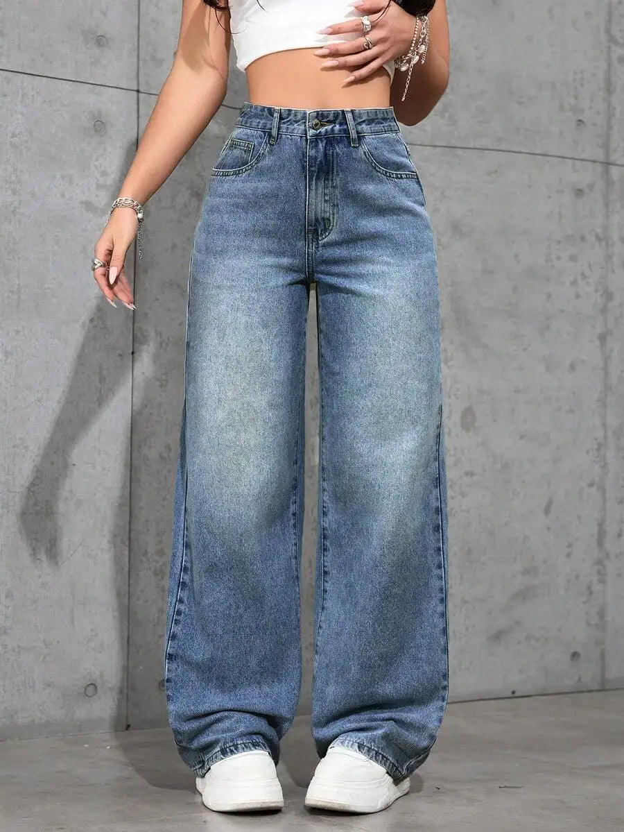 High Waist Wide Leg Jeans for Women, Light Washed Retro Denim Pants, Casual Streetwear Style