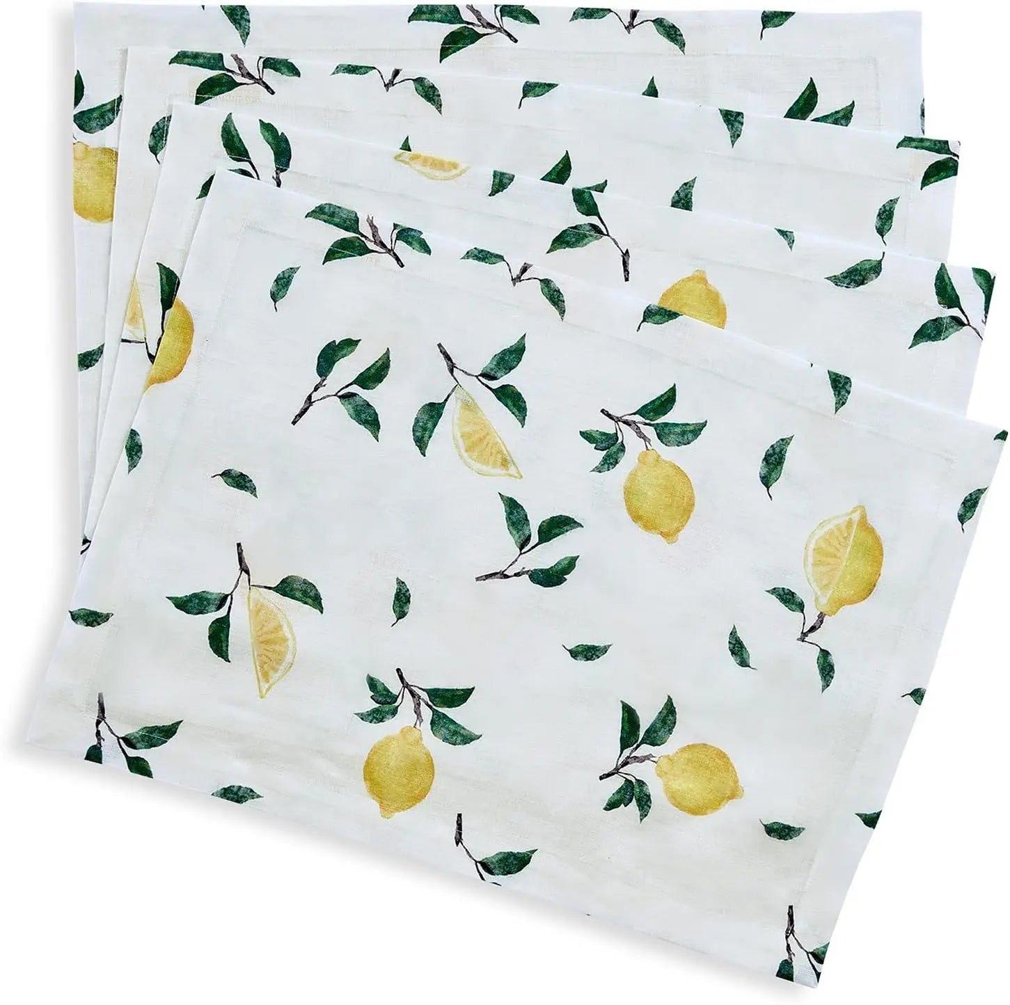 Lemon Print Linen Placemats Set of 4, 14x19 Inch, Botanical Design for Spring Easter Table Decor