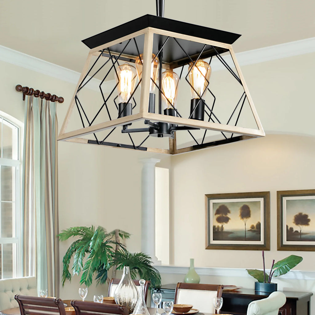 Industrial Retro Iron & Wood 4-Light Chandelier E26 Base Pendant Lighting for Dining Room Kitchen Living Room