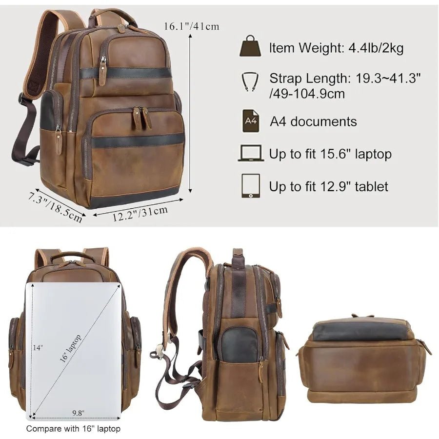 Men's Vintage Leather Backpack 15.6" Laptop Bag Large Capacity Business Travel Hiking Shoulder Daypacks