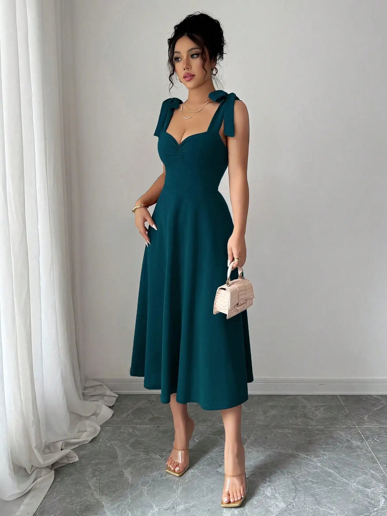 Teal Sleeveless Bow-Shoulder A-Line Midi Dress with Ruched Bust