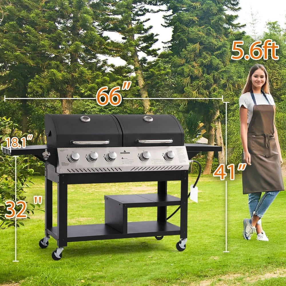 5-Burner Propane Gas Grill and Griddle Combo, Dual Zone Outdoor BBQ with 54,000 BTU 627 SQ.IN. Stainless Steel & Porcelain Cast