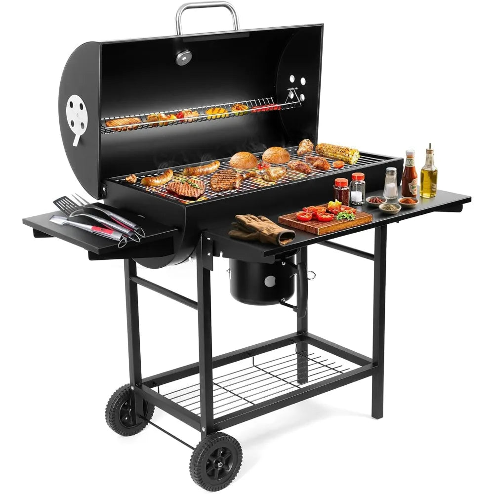 Luxurious Outdoor Barrel BBQ Grill with Side Table - High-End Smoker Combo for Backyard Grilling