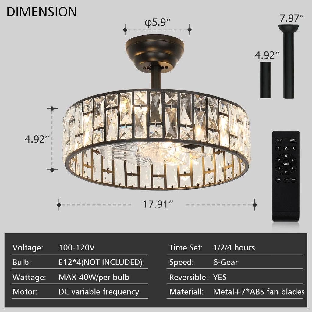 17.91" Modern Luxury Ceiling Fan Light With Semi-Recessed Installation, 6-Speed Remote Control, For Living Room, Hotel Lobby