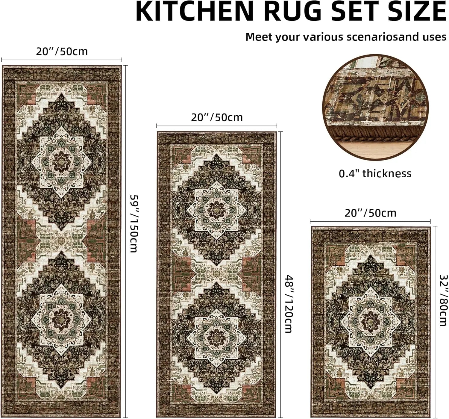 Non-Slip Kitchen Rugs Set of 3 Washable Boho Mats for Floor Farmhouse Runner Hallway Laundry Room