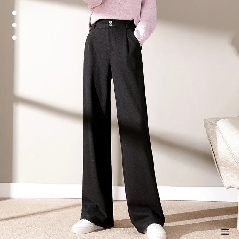 Autumn Winter Female Classic Daily Woolen Pants Girls Narrow Straight Leg Trousers Lady Solid Thicken High Waisted Pants