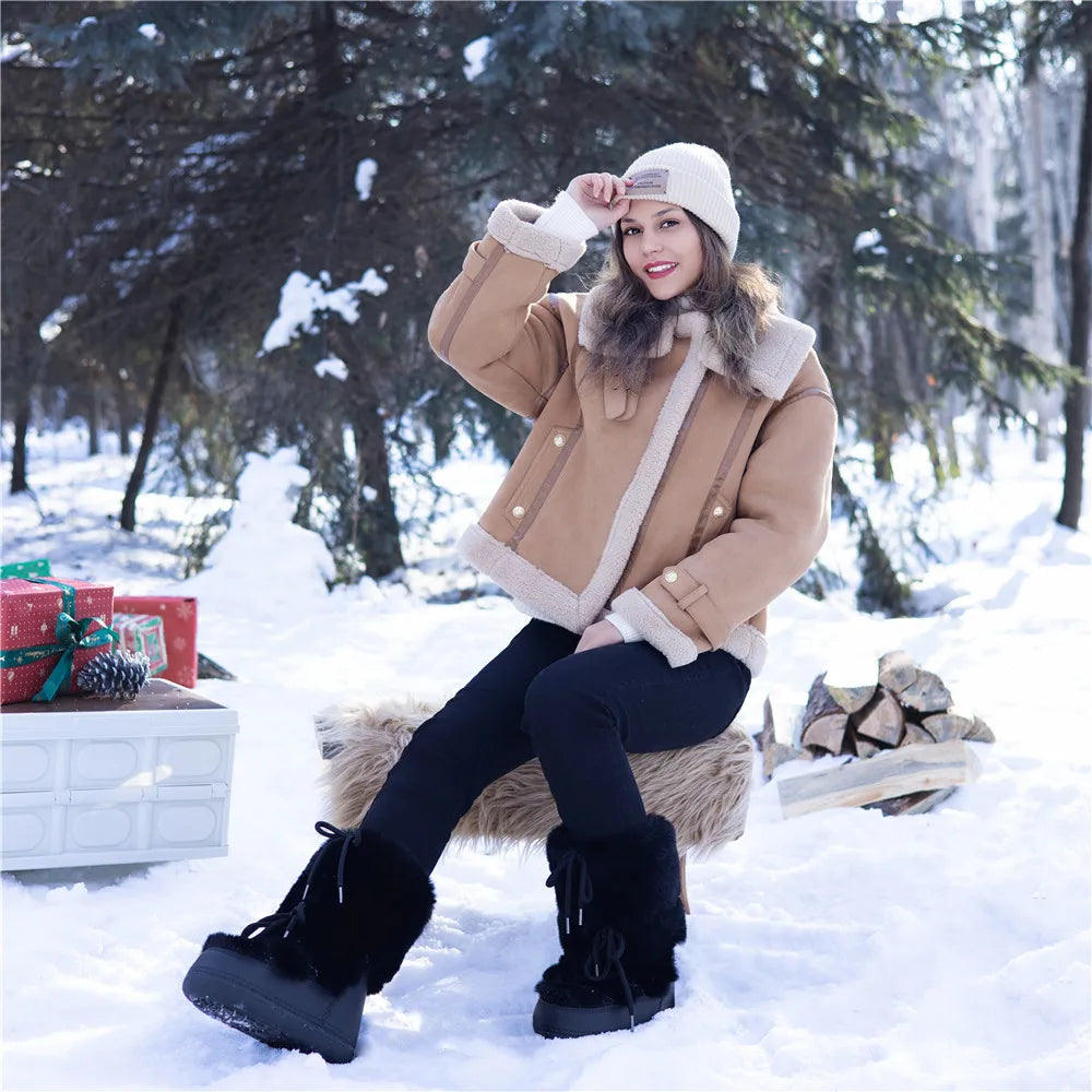 2025 Winter Snow Boots Women Ski Boots Luxury Fluffy Furry Fur Boots Female Rivets Warm Waterproof Platform Black Cotton Boots