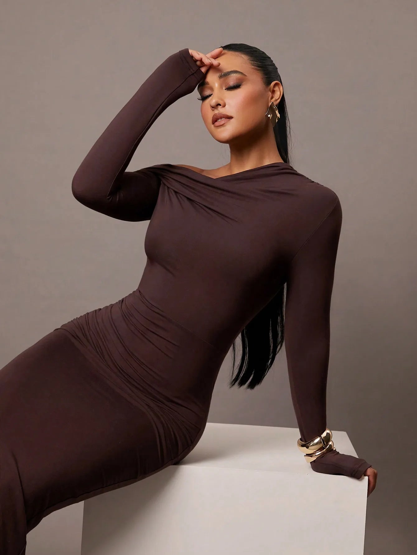 Solid Color Stretch Knitted, Sloping Shoulder Collar, Romantic Date, Autumn And Winter Bottoming Knitted Dress,