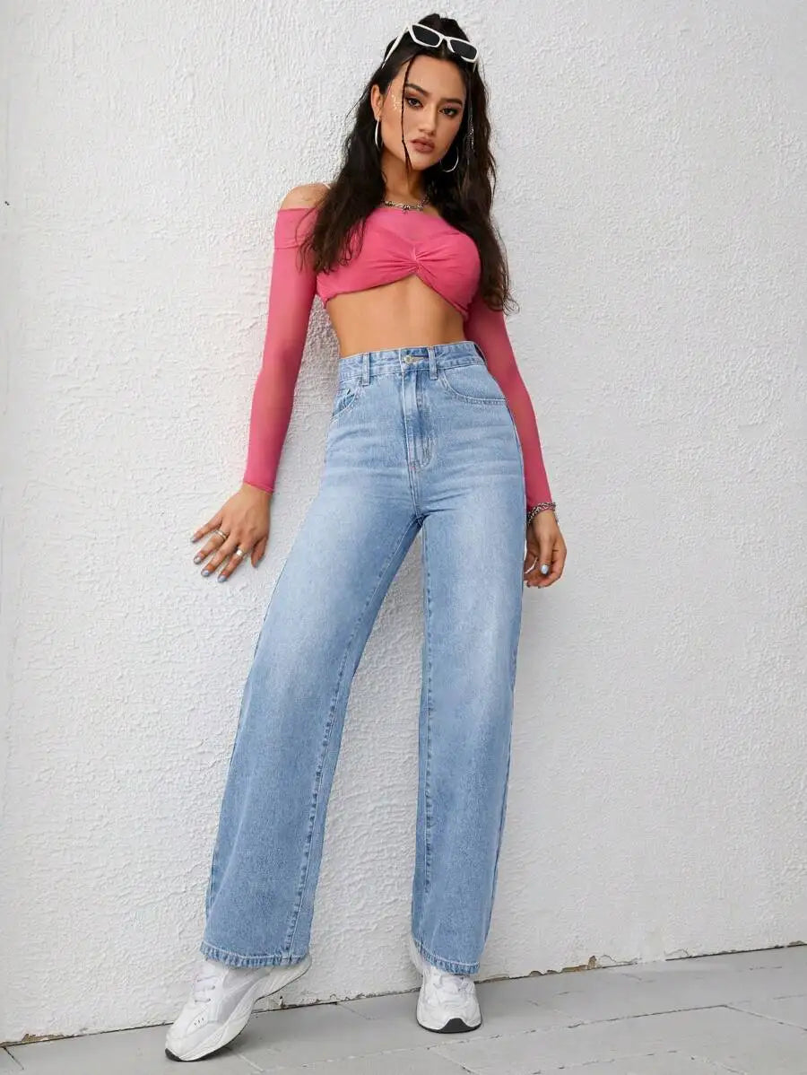High Waist Wide Leg Jeans for Women, Light Washed Retro Denim Pants, Casual Streetwear Style
