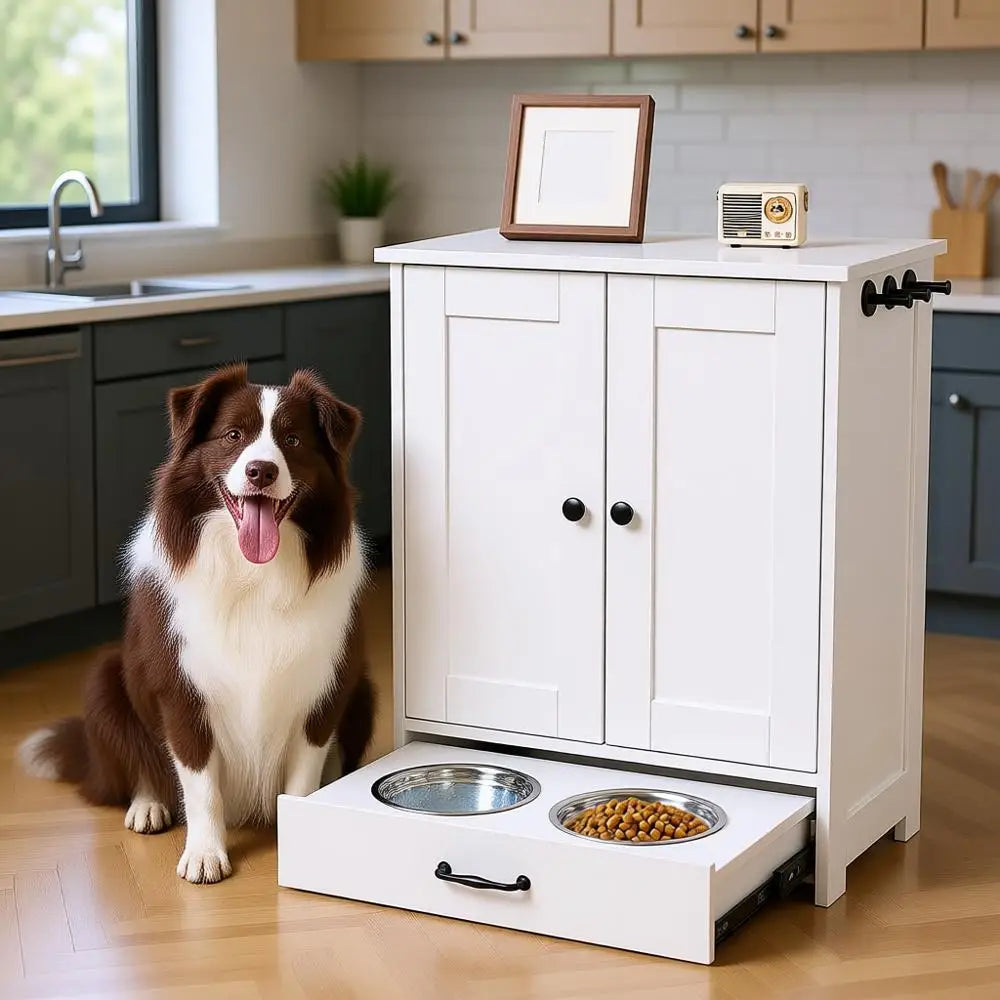 Elevated Dog Bowls Storage Cabinet, Wood Pet Feeder Station Organizer, White