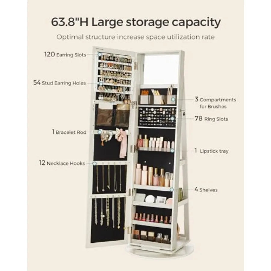360° Swivel Jewelry Cabinet Lockable Jewelry Organizer with Full-Length Mirror Rear Storage Shelves Interior Mirror Jewelry Arm