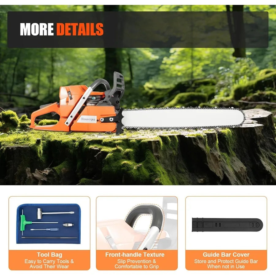 24Inch 2-Stroke 71.8CC 3.9KW Gas Chainsaw Air-Cooled Pull Start Petrol Chain Saw for Wood Cutting Garden Pruning Forest Logging