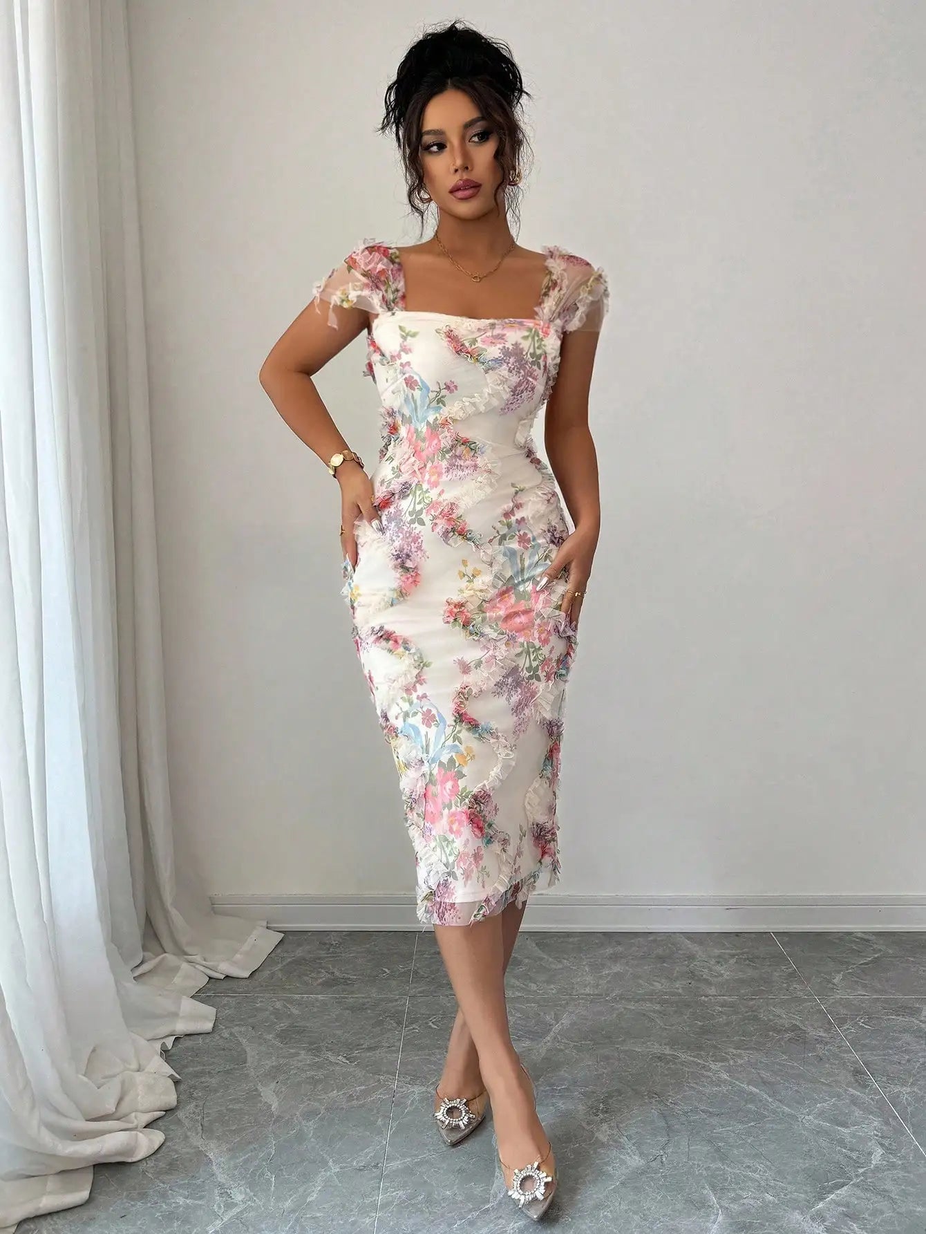Elegant Floral Print Ruched Waist Midi Dress with Ruffles and Square Neck