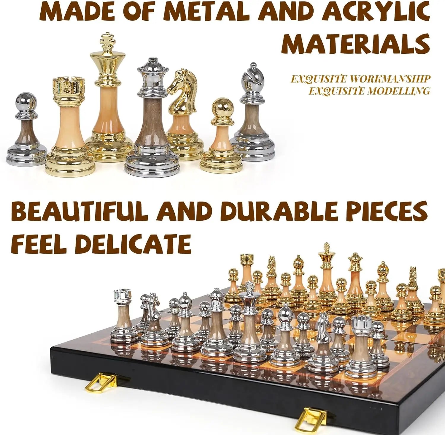 Luxury Metal & Acrylic Chess Set with Wooden Board, 17' Weighted Pieces, 3.5' King, Foldable Tournament Chess Set for Adults Kid