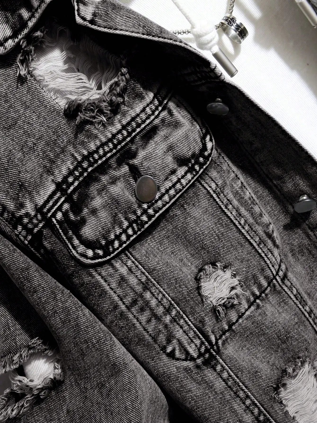 Men's Distressed Ripped Denim Jacket with Button Front, Casual Long Sleeve