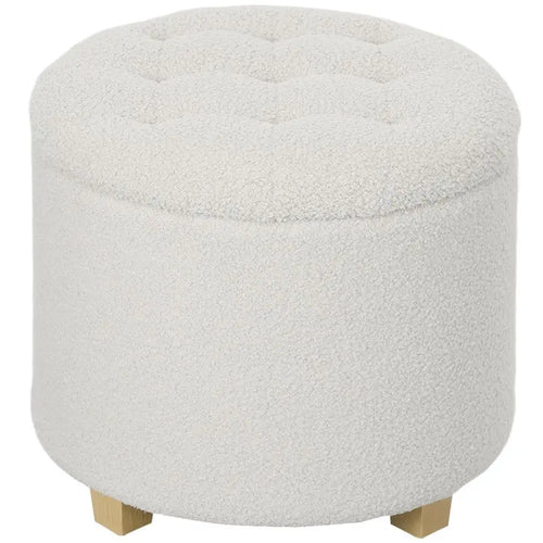 18 Round Storage Ottoman, Teddy Fleece Bedroom Stool with Removable Lid and Wood Legs, Button Tufted Footstool for Living Room,
