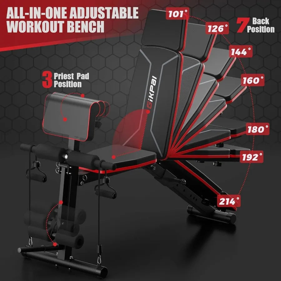 Adjustable Weight Bench for Home Gym: Foldable Incline Decline SitUp Exercise Bench with Leg Extension and Preacher Pad for Ful