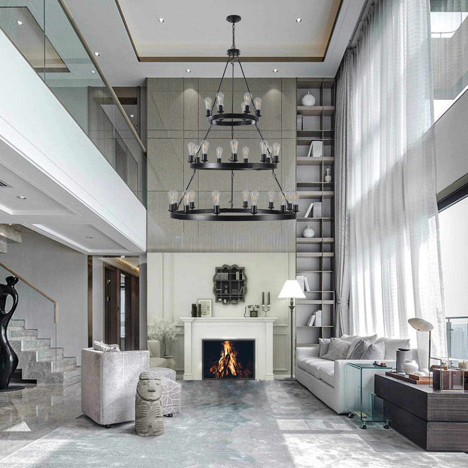 Industrial 3-Tier Metal Chandelier Adjustable Height Ceiling Light for Living Dining Room