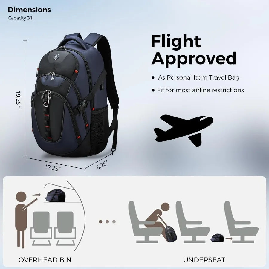 Swissdigital Design Laptop Backpack Travel Backpack with USB Charging Port Fits 15.6 inches Computer 31L College School Bookbag