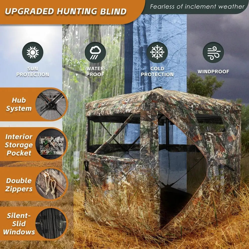 Portable 360-Degree See-Through Hunting Blind with Floor Mat and Carrying Bag for 2-4 Person Use