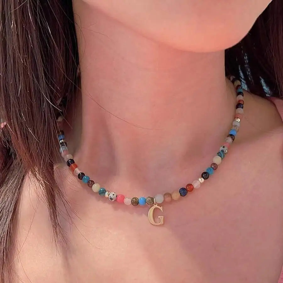 Colorful Beaded Choker Necklace with Gold-Tone Initial Pendant, Handmade Boho Style Summer Jewelry