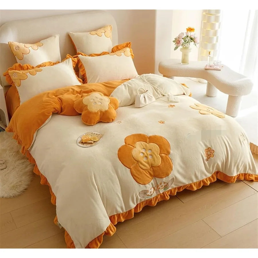 Winter Warm Four-Piece Velvet Bed Set Double Sided Quilt Cover Thick Sheet Pillowcase Linen for 1.5/1.8m Bed in Green and Orang