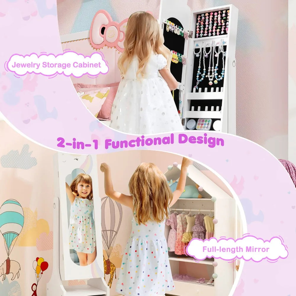 Kids Jewelry Cabinet w/ Full-Length Mirror 2 Adjustable Tilt Angles Drawer White