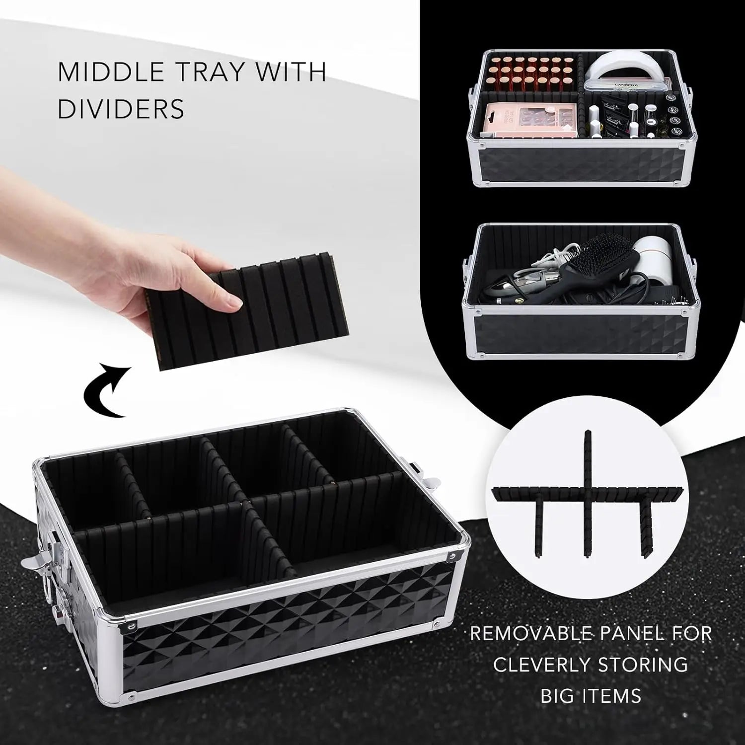 3-in-1 Rolling Makeup Case with Swivel Wheels, Large Storage for Salon Travel, Vintage Black