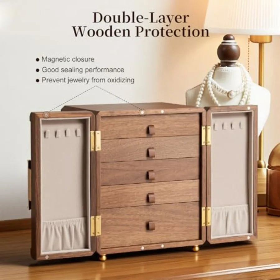 Black Walnut Wooden Jewelry Box-5 Layer Double-Door Large Wood Jewelry Boxes With Magnetic ClosureClassical Style Jewelry Organ
