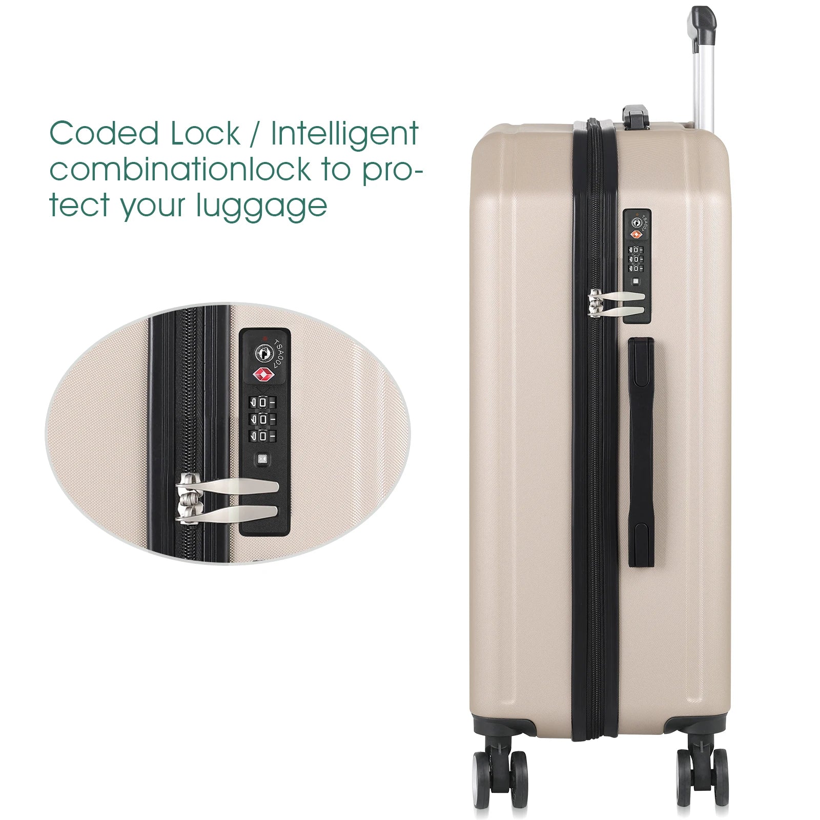 ABS 20/24/28in Suitcases Set - Beige/Black/Blue Lightweight Luggage w/Reinforced Shell & 360° Wheels, Durable Trolley Case