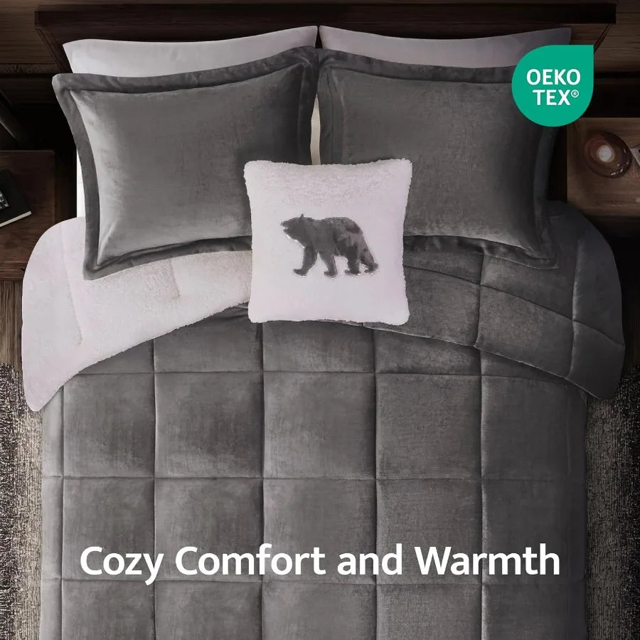 Woolrich Reversible Comforter Set Ultra Soft Plush to Sherpa Down Alternative Cold Weather Winter Warm Bedding with Matching Sh