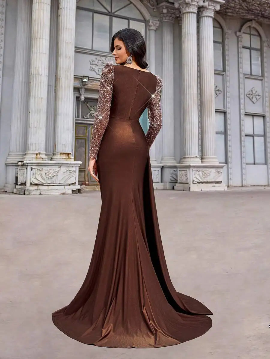 Coffee Brown Sequin Long Sleeve Ruched Fishtail High Slit Evening Dress for Gala Birthday Formal Occasion