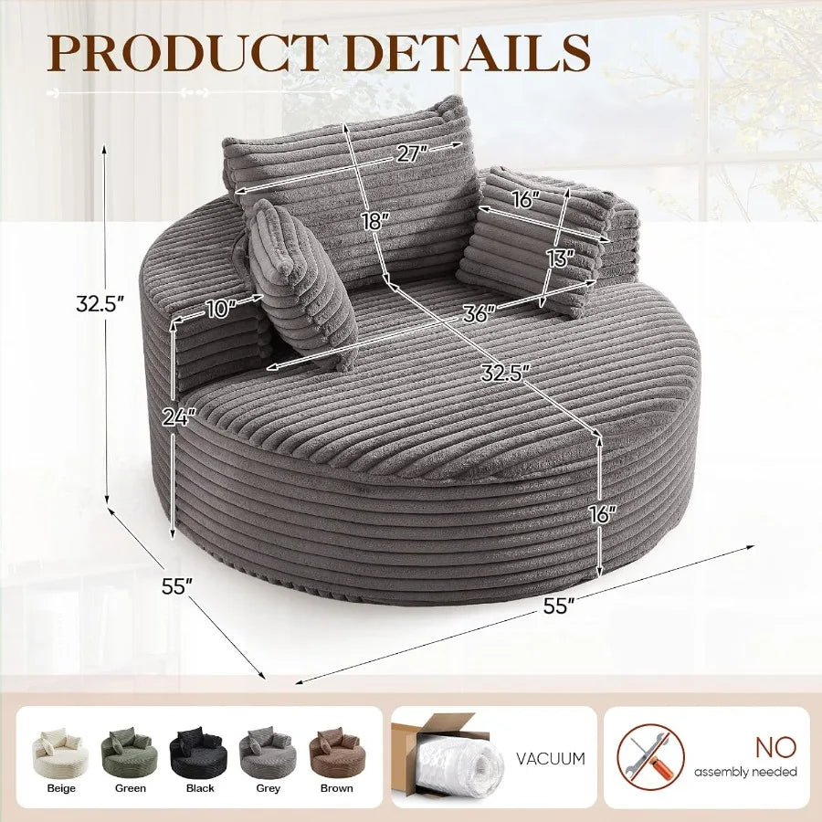 Oversized Round Chaise Longue Chair Indoor Modern 55-inch Upholstered Corduroy Deep Seat Circle Single Cloud Lounge Floor Sofa