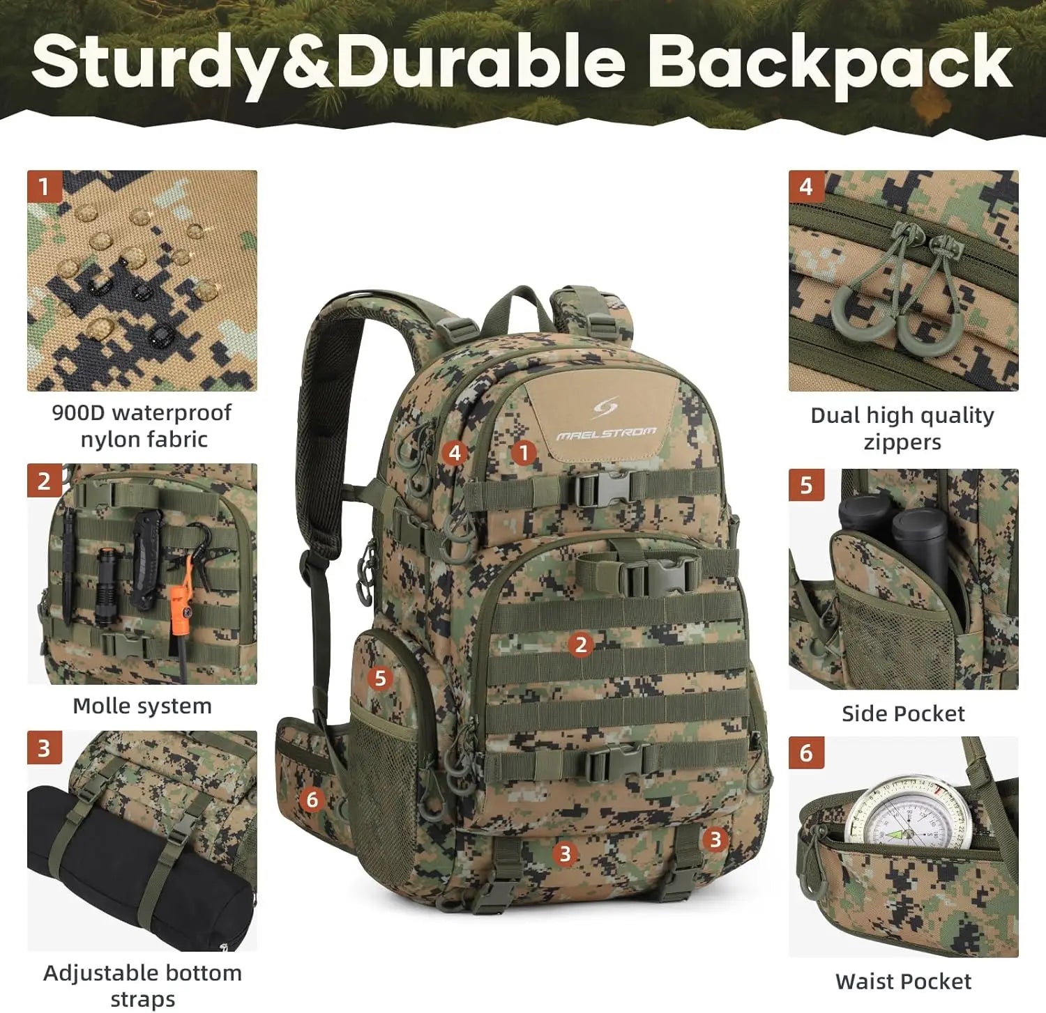 Hunting Backpack 35L Waterproof Camo Day Pack for Men Women with Rain Cover
