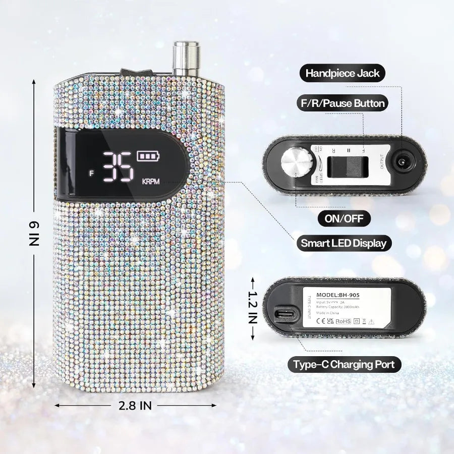 Professional Rechargeable Nail Drill Machine with Diamond 35000RPM Coreless Motor for Acrylic Nails Portable Cordless Electric
