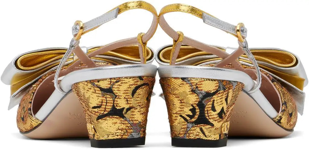 Valentino Garavani Women's Slingback Sandals with Bow Detail Comfortable Outdoor Beach Shoes Silver Gold Sizes 36-41