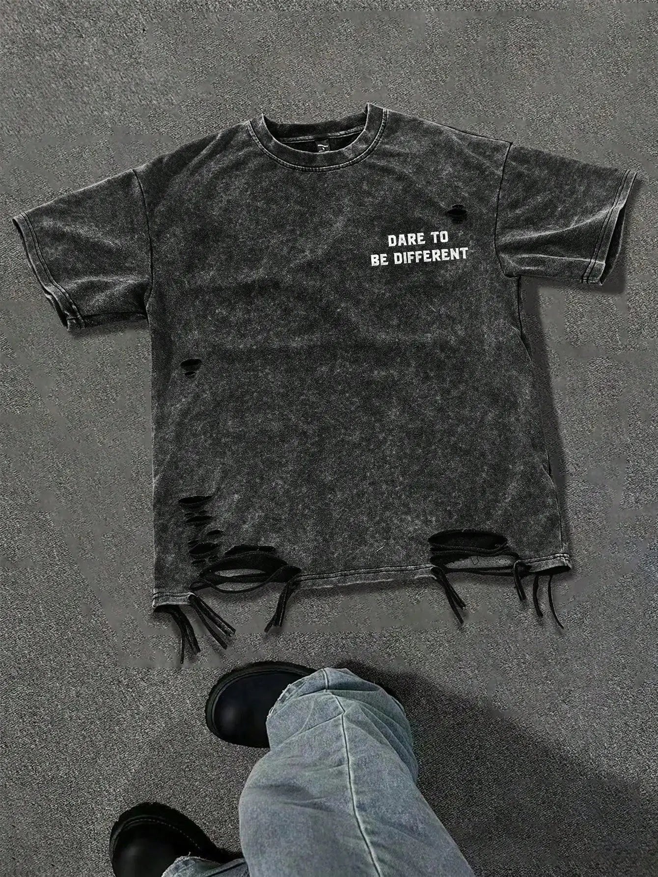 Distressed Black Oversized T-Shirt with 'Dare to Be Different' Print, Loose Fit Casual Streetwear