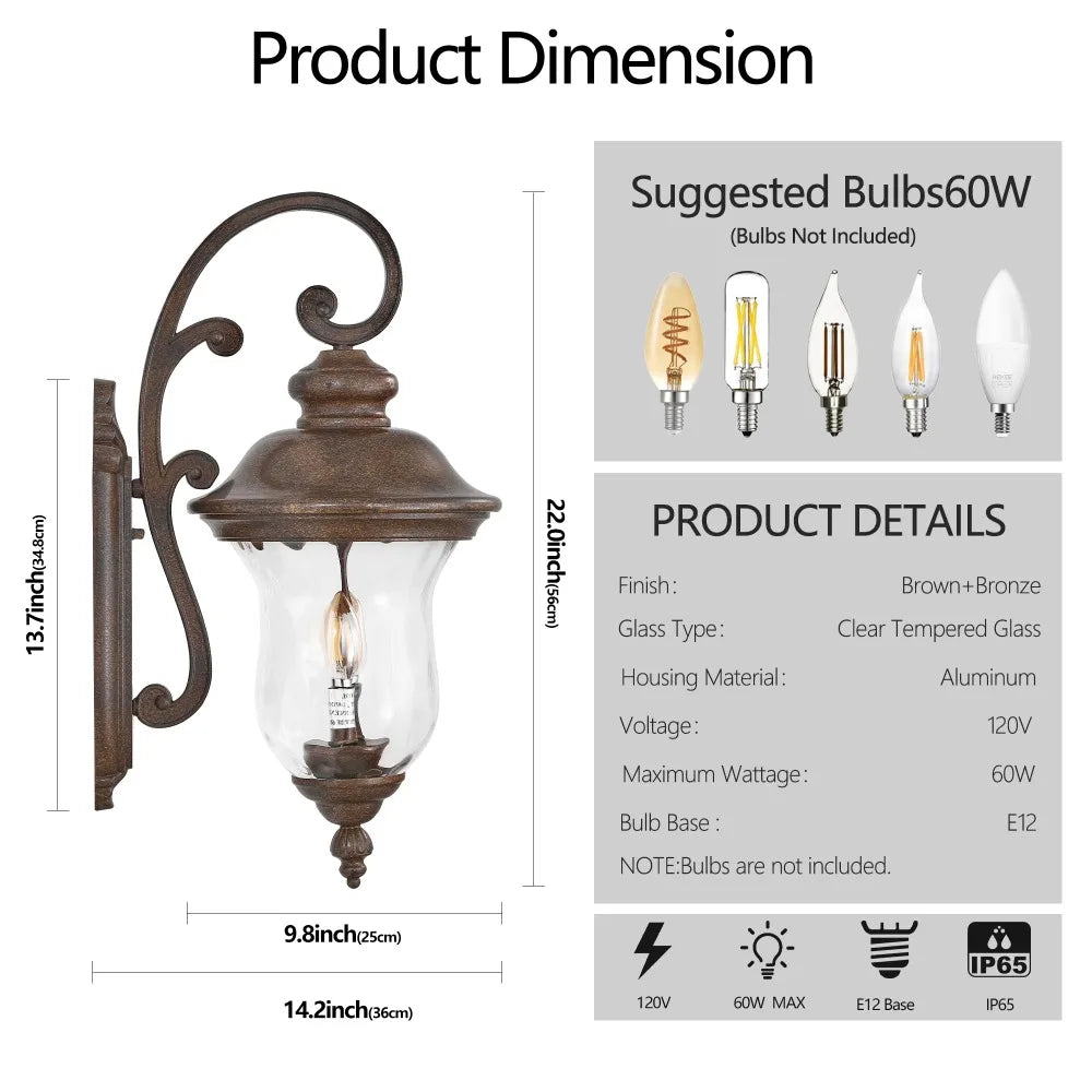 21"(H) Vintage Waterproof Outdoor Lamp Post Light with Clear Glass Shade  Bronze Finish for Yard Porch Walkway (No Bulb)
