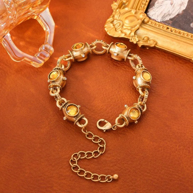 Medieval Vintage Turquoise Bracelet Retro Court Style Heavy Industry Jewelry Colored Geometric Glazed French Bracelet