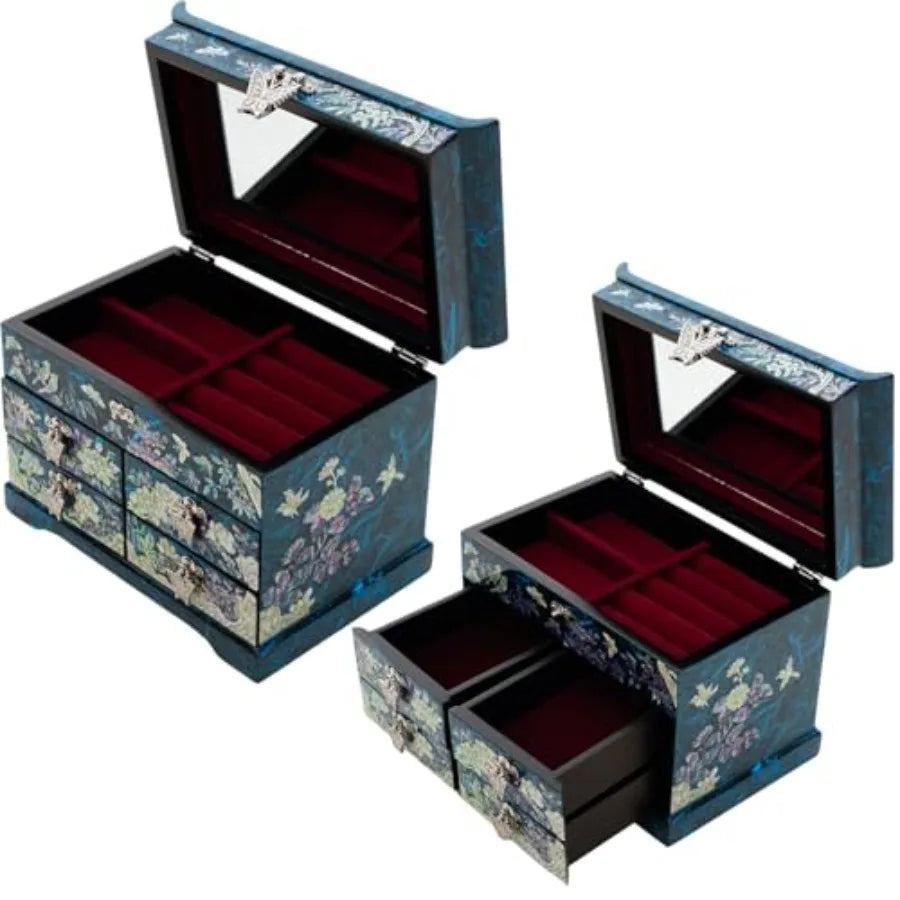Elegant Mother of Pearl Jewelry Box Handcrafted Wooden Chest with Intricate Butterfly and Crane Designs 4 Drawer Storage and Re