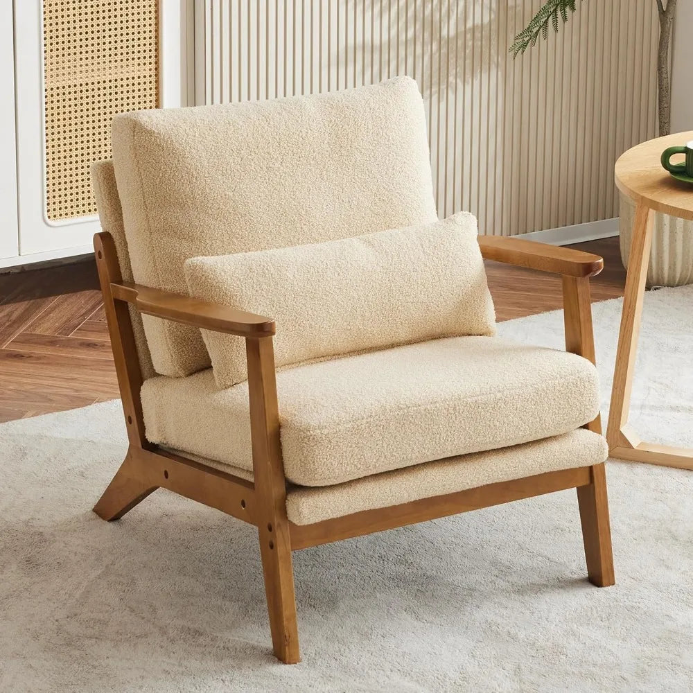 Accent Chair Wide Armrest Mid-Century Lounge Chair Teddy Fleece Armchair with Lumbar Pillow & Solid Wood Frame for ,Customized