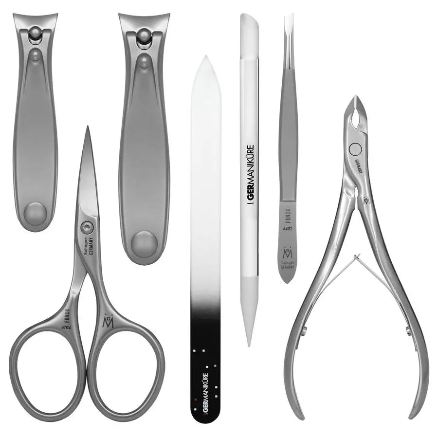 7pc Manicure Set in Black Leather Case FINOX Stainless Steel Tools Made in Germany, Glass Nail Care Supplies Made in Czech Repub