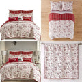 Christmas Script Cotton Quilt Set - Full/Queen (88x92in) with 2 Pillow Shams (26x20in) - Red and Cream - Reversible