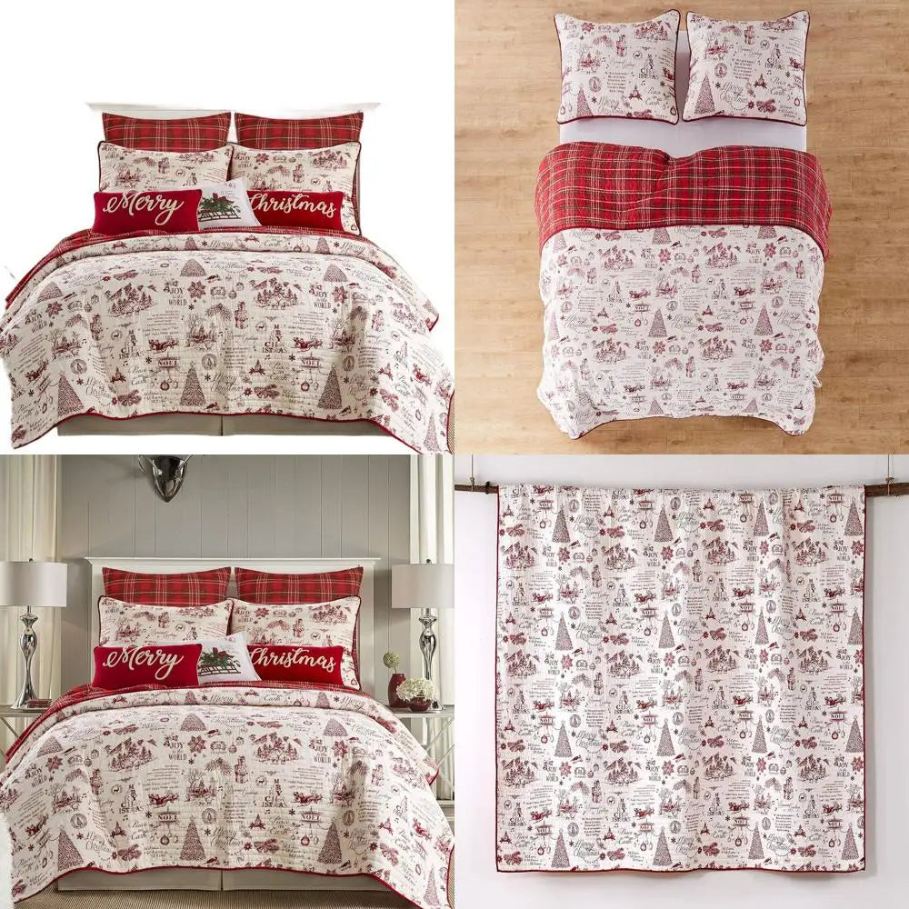Christmas Script Cotton Quilt Set - Full/Queen (88x92in) with 2 Pillow Shams (26x20in) - Red and Cream - Reversible