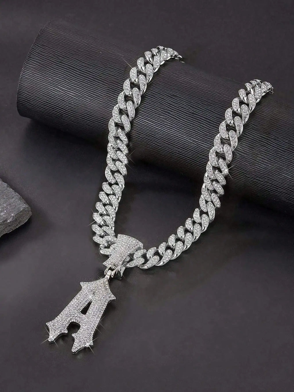 Iced Out Letter A Pendant Necklace with Miami Link Chain, Hip Hop Style Jewelry for Men and Women