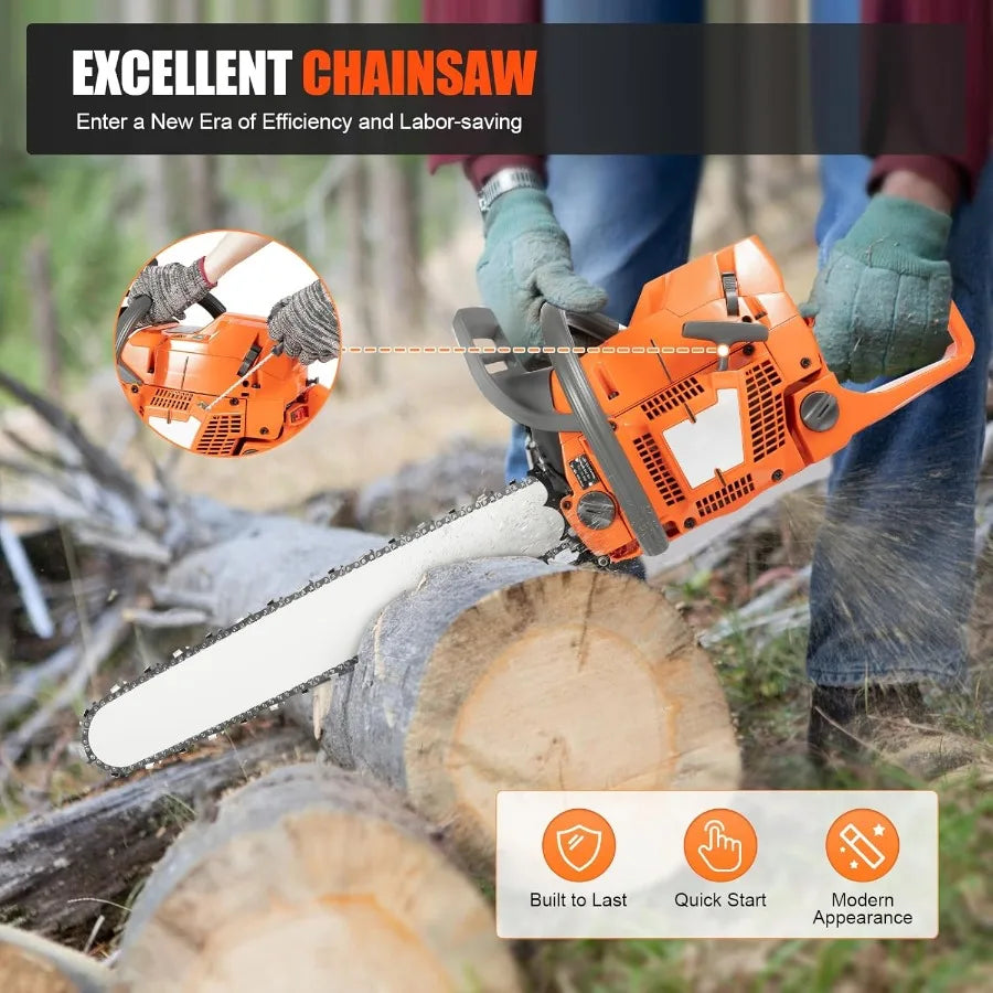 24in 72cc 2-Cycle Gasoline Powered Chainsaw 3.9kw Professional Chainsaw Set for Tree Wood Farm Garden Ranch Forest Cutting Dark