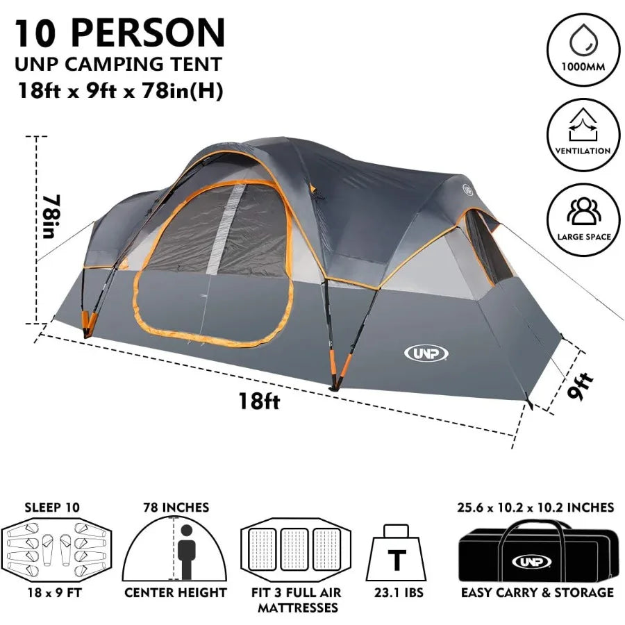 Camping Tent 10-Person-Family Tents Parties Music Festival Tent Big Easy Up 5 Large Mesh Windows Double Layer 2 Room Waterproof